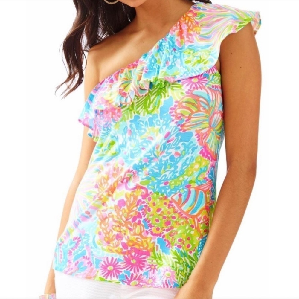 Lilly Pulitzer SeaSpray Blue Lovers Coral Print One Shoulder Neveah Top NWT M